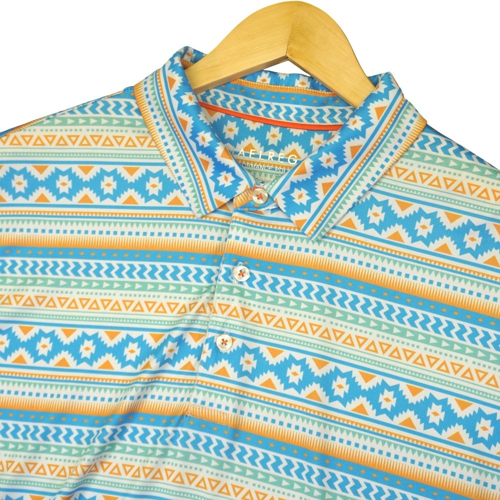 Maelreg Performance Polo Mens L Blue Geometric Southwestern Aztec Print Shirt